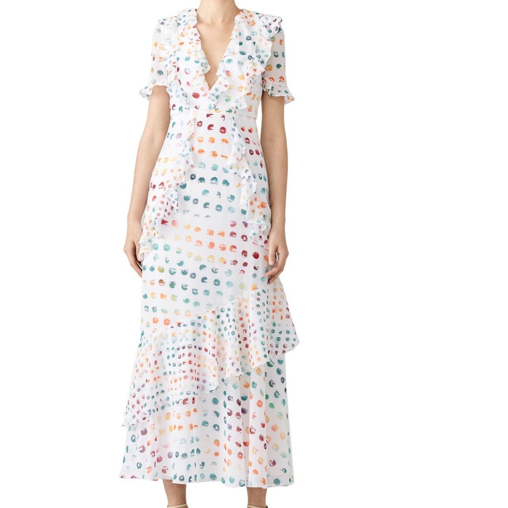 ML Monique Lhuillier Rainbow Polka Dot Tiered Ruffle Maxi (size 10)